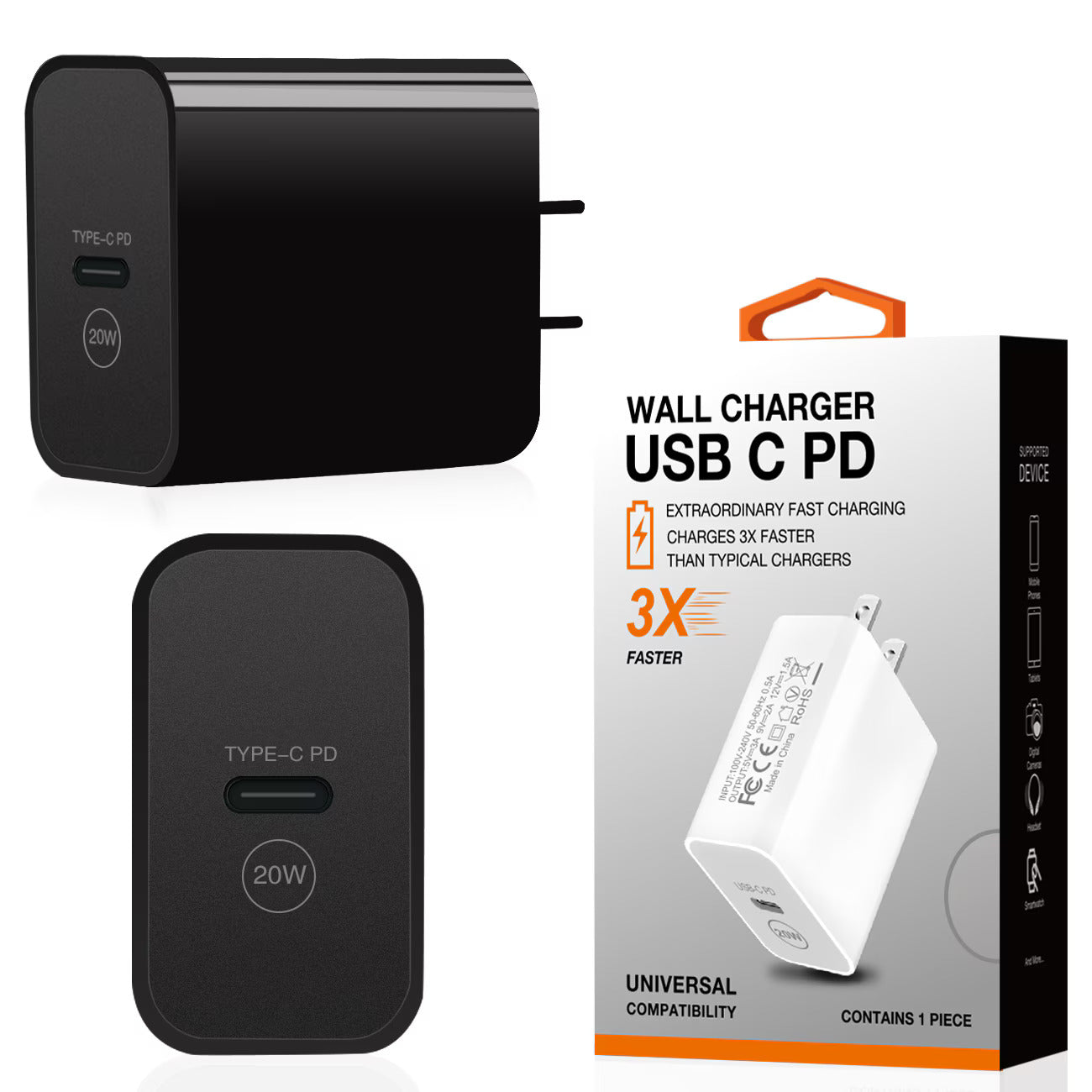 20W Power Delivery Travel Wall Charger Adapter with Type-C Port In Black SKU:WC16-PD20WTYPECBK